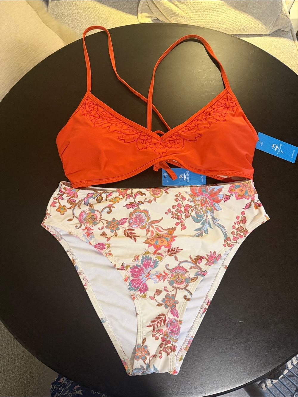 Cupshe Orange‎ Embroidered Bikini Top with Floral High-Waist Bottoms. Sz L. NWT